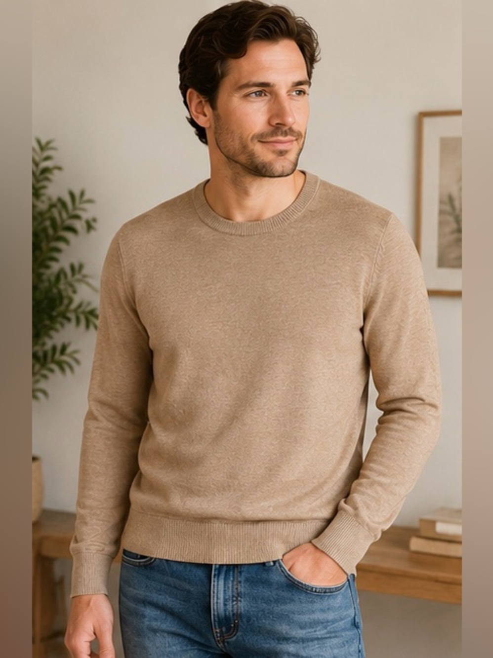 Banana Republic 100% Merino Wool Sweater Men’s Large Beige Tan Crewneck